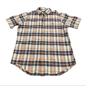 Ralph Lauren Bleeding Madras Plaid Medium Button Down Blue Yellow Preppy Style